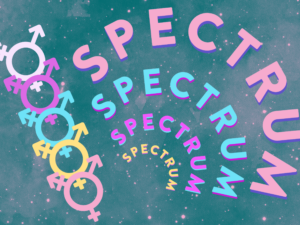 Spectrum's flyer, decorated with an astral background and "Spectrum" written in curved text in pink, blue, purple, and yellow. All gender symbols in the same colors are stacked to the left.
