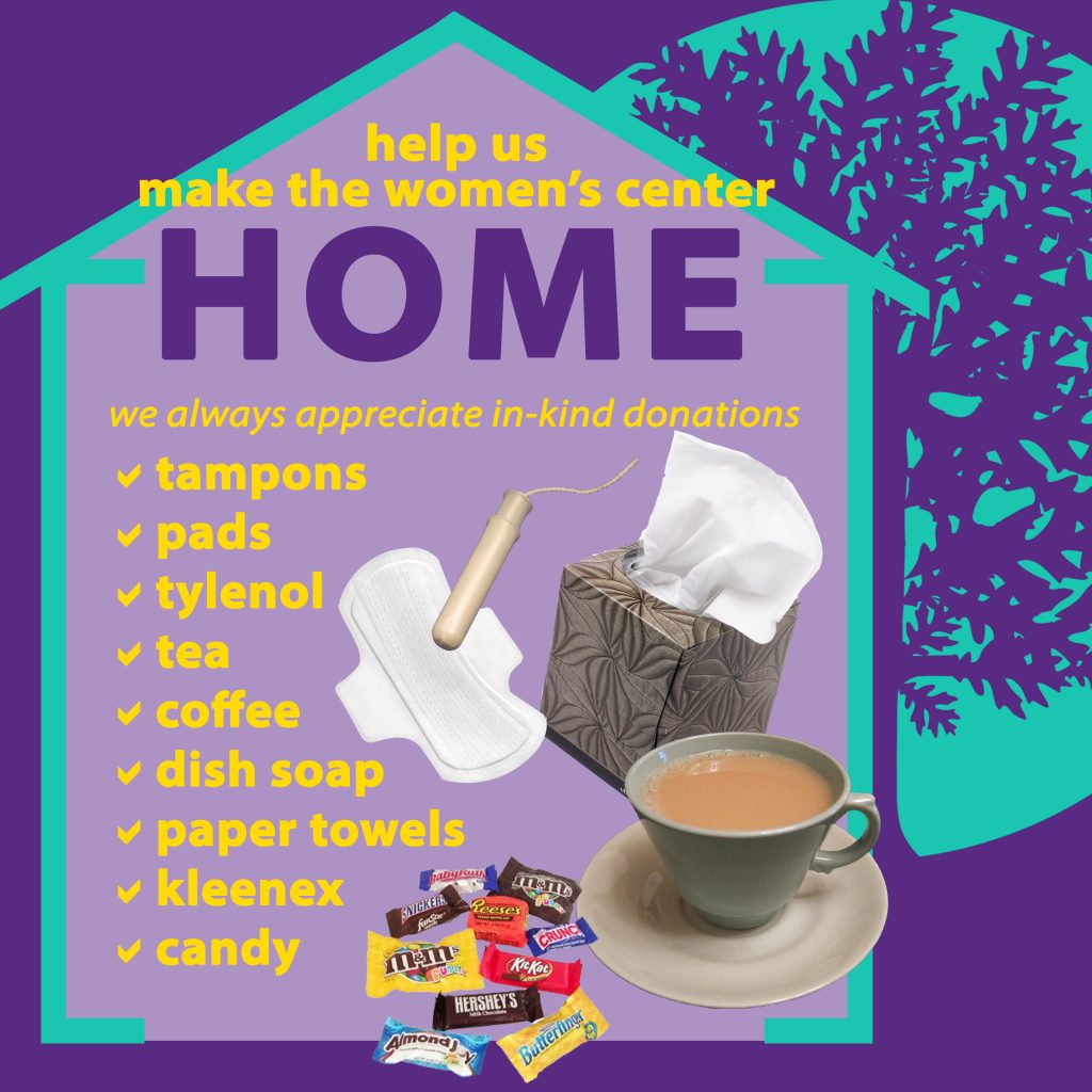 Image displays a graphic of a home with the Women's Center tree logo in the background. The gold and purple text reads: "help us make the women's center HOME. We always apprecitate in-kind donations." The list includes: tampons, pads, tylenol, tea, coffee, dish soap, paper towels, kleenex, and candy. Images of some of the items are pictured to the right of the list. 