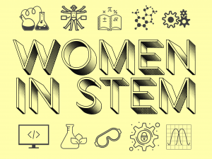 graphic with pale yellow background and a collage of STEM-related icons. In large text "WOMEN IN STEM."