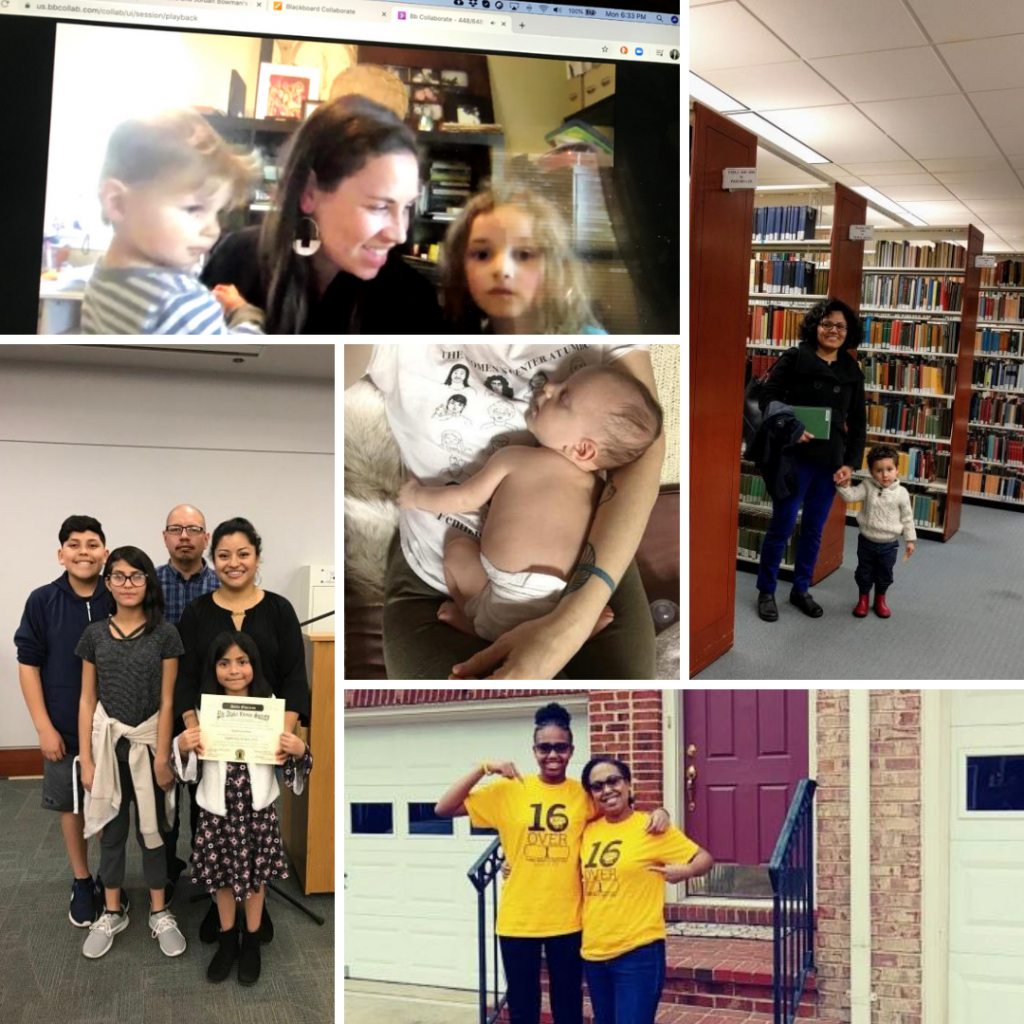 A photo collage of 5 photos of UMBC faculty, staff, and students with their children.